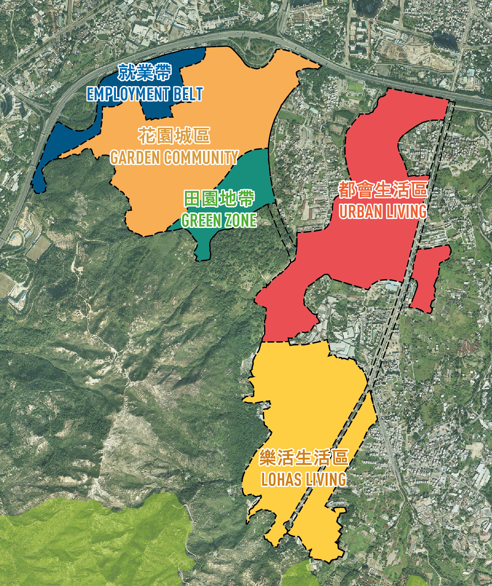 此圖顯示元朗南的五個規劃區。